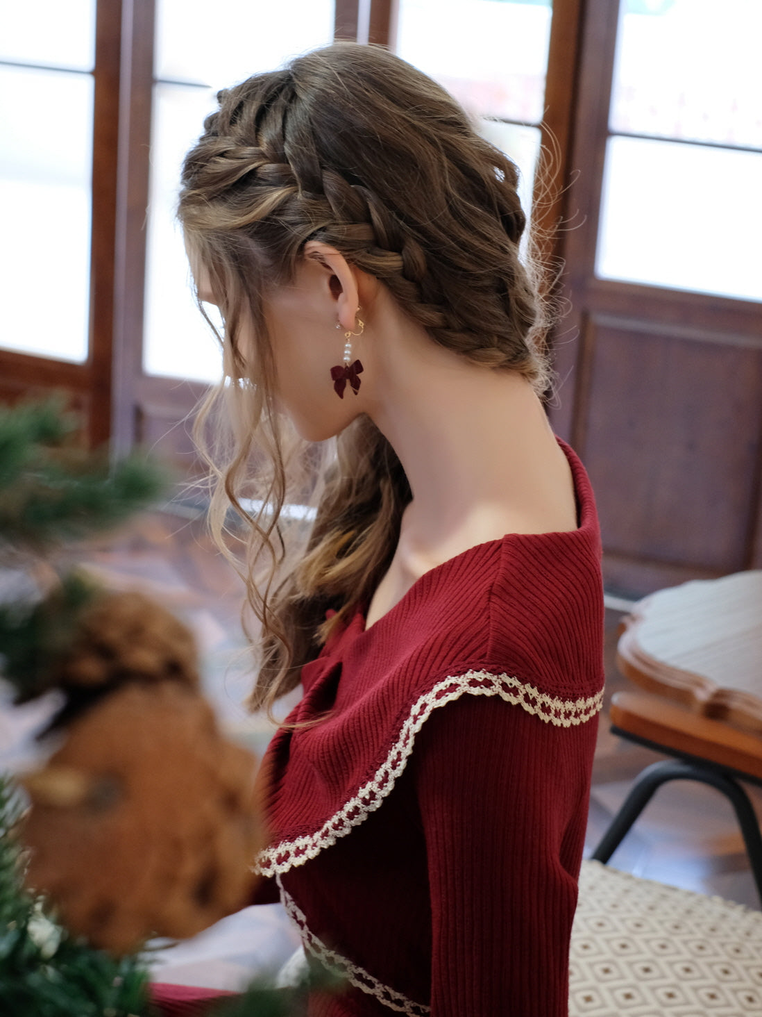 Festive Red Knit Dress with Lace Bow Detail