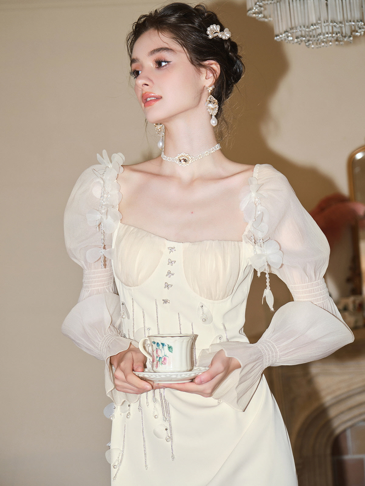 Whimsical Elegance Beaded Ivory Dress