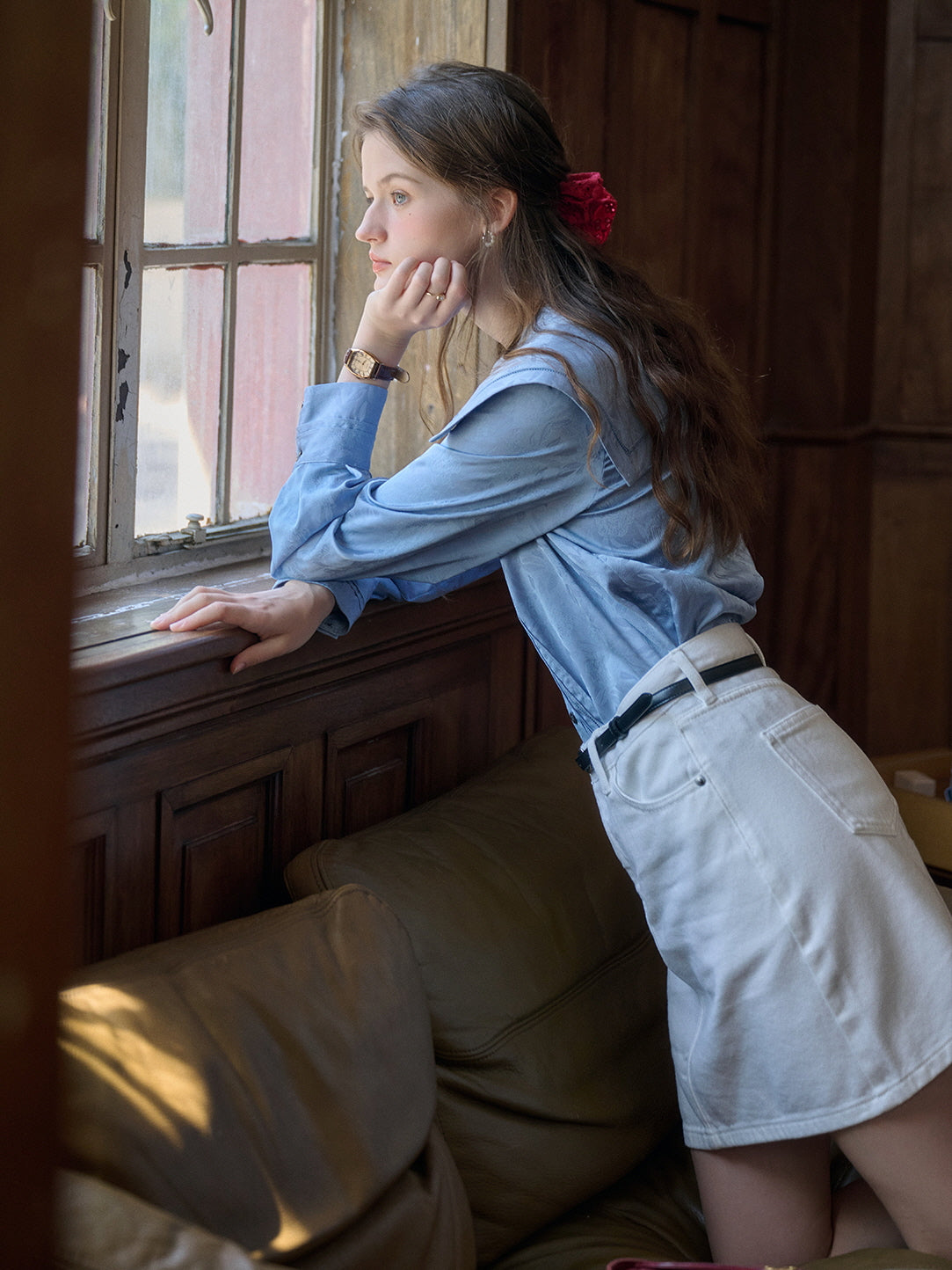 Vintage Floral Embossed Sailor Collar Blouse