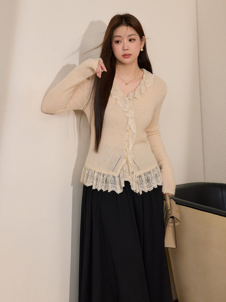 Ivory Lace Trim Wool Blend Cardigan