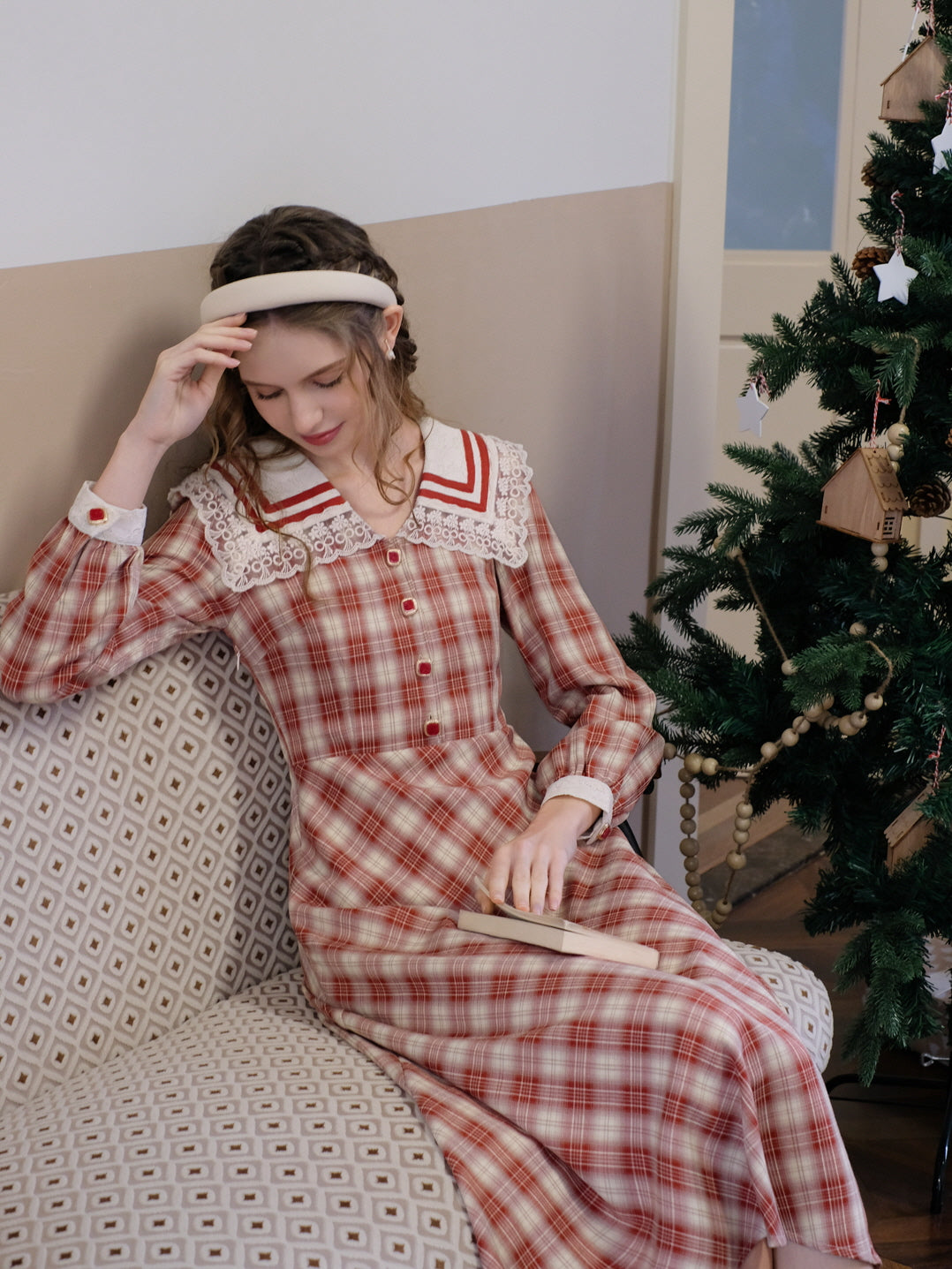 Vintage Red Checkered Lace Collar Dress