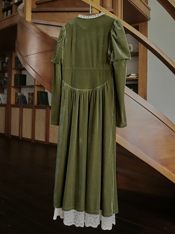 Olive Velvet Lace-Trimmed Vintage Dress