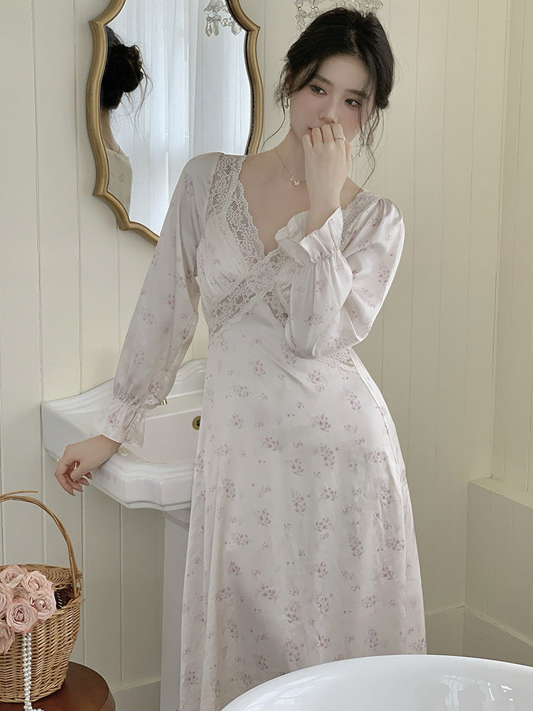 Delicate Floral Lace-Trim Nightgown