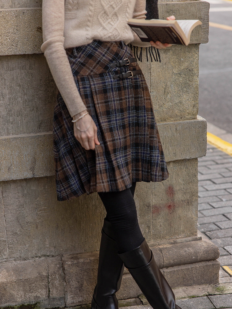 Vintage Wool Plaid Buckle Blue Checkered Skirt