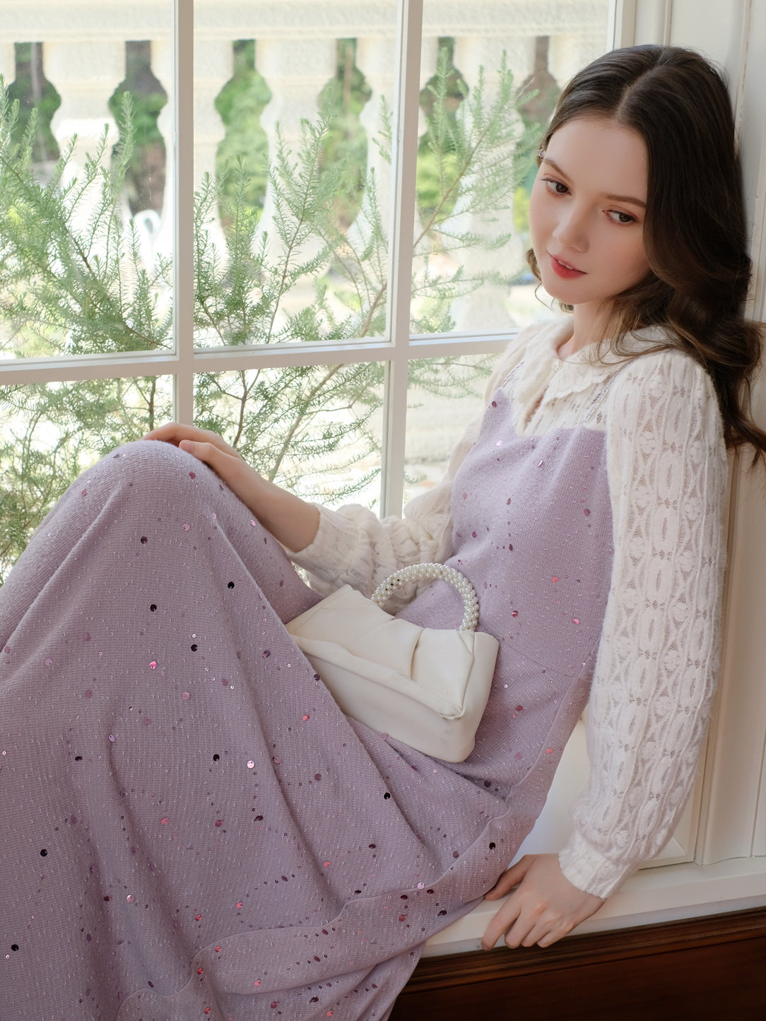 Lavender Sequin Knit Ruffle Collar Dress