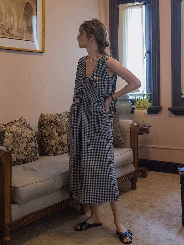 Classic Checkered Cotton-Linen Summer Dress