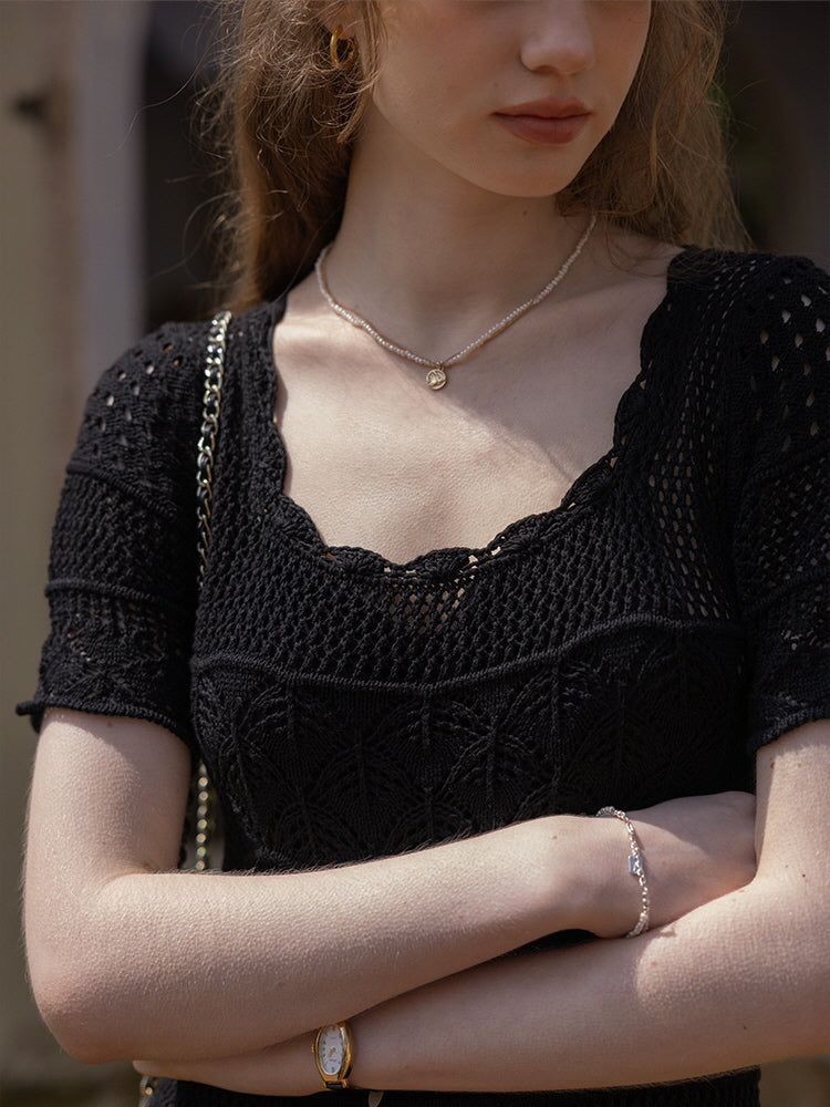 Serene Garden Crochet Black Dress