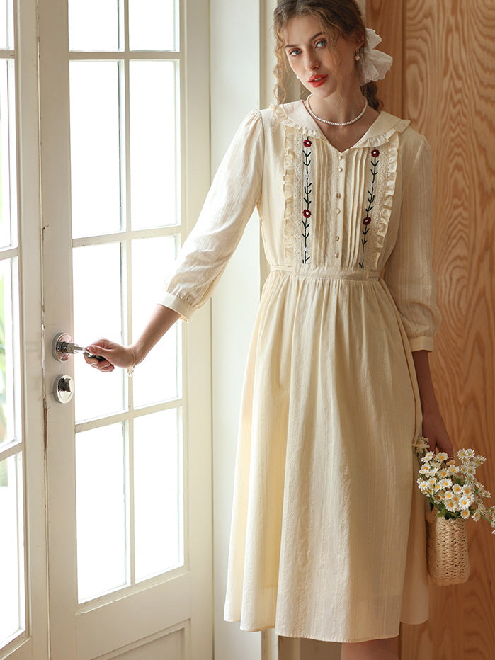 Floral Embroidery Ruffle Trim Cream Cotton Dress