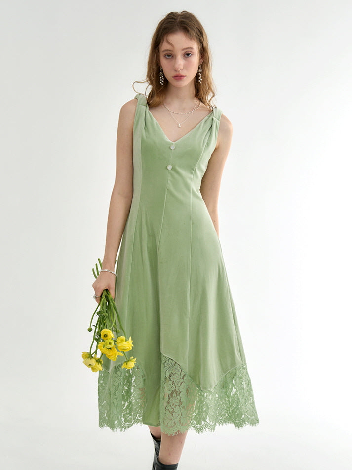 Green Velvet Lace-Trimmed Dress