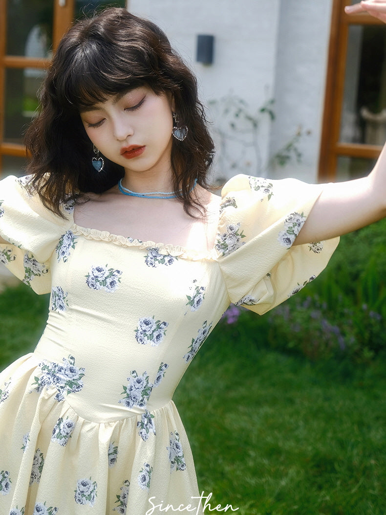 Sunlit Meadow Floral Puff-Sleeve Coquette Dress