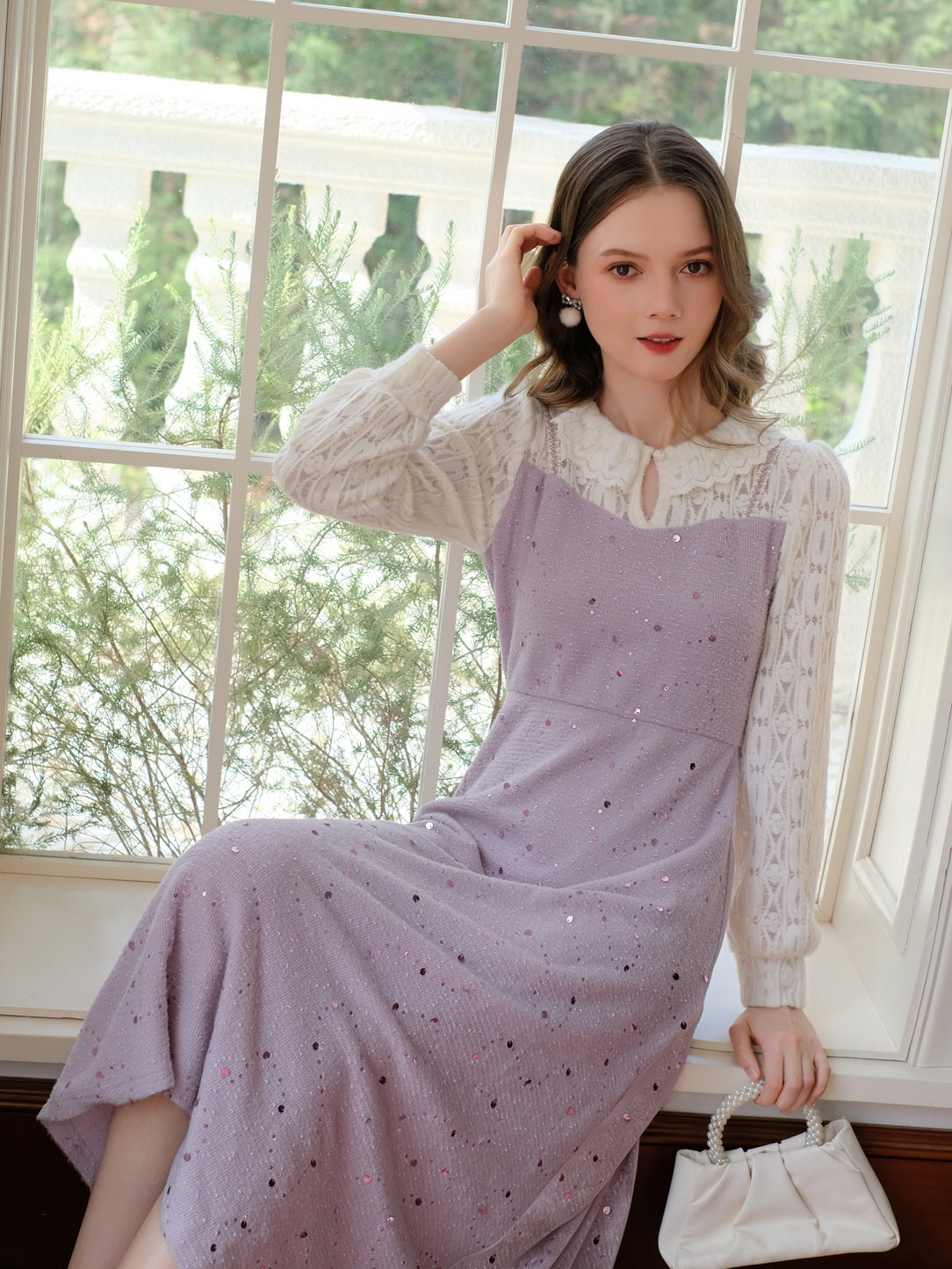 Lavender Sequin Knit Ruffle Collar Dress