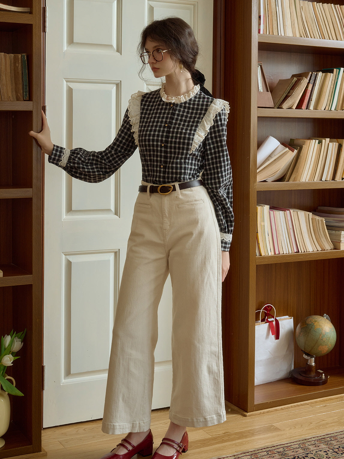 Gingham Blouse with Lace Trim