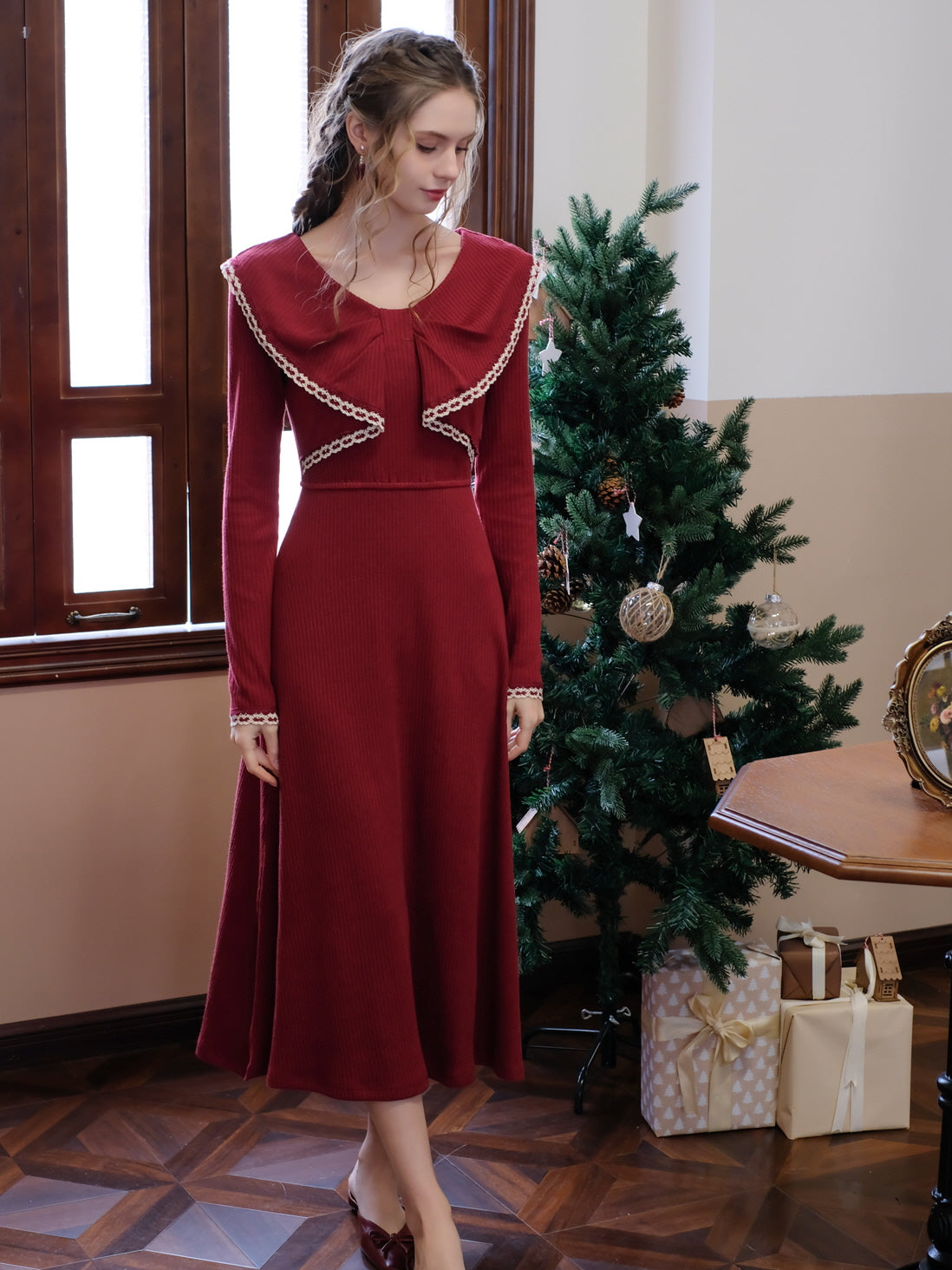 Festive Red Knit Dress with Lace Bow Detail