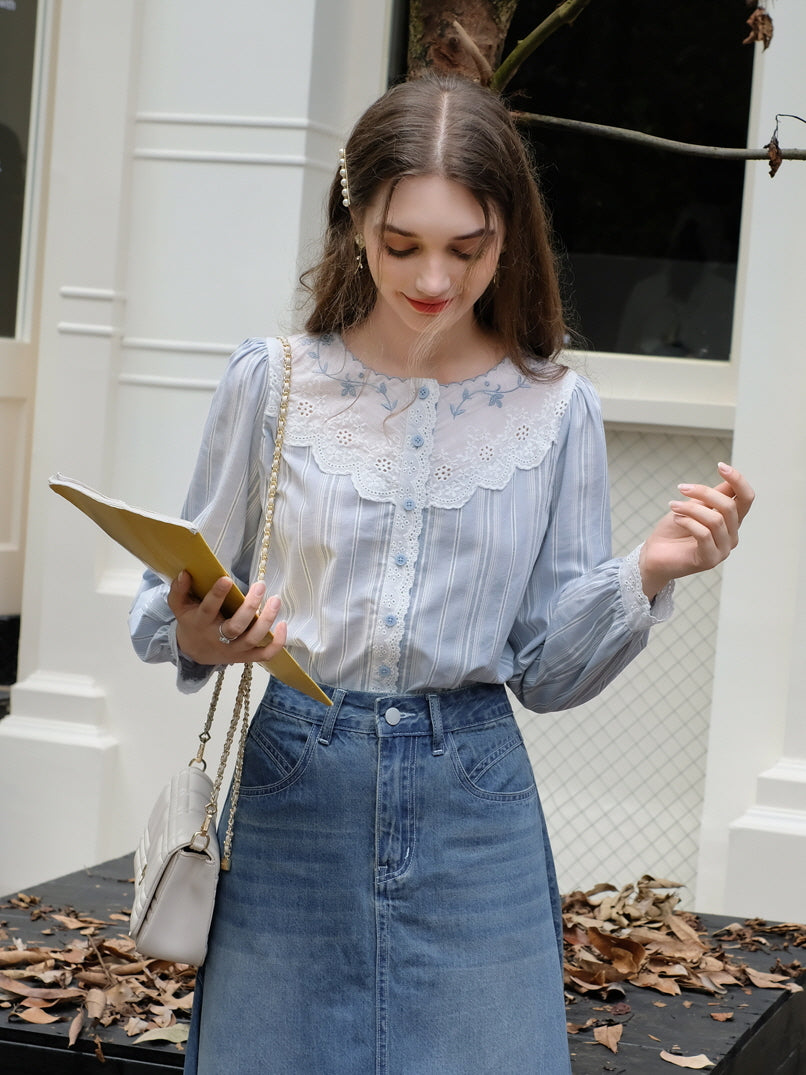 Blue Striped Cotton Lace Blouse