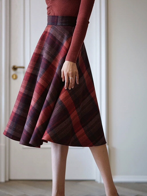 Autumn Plaid Red Checkered Wool Vintage Skirt