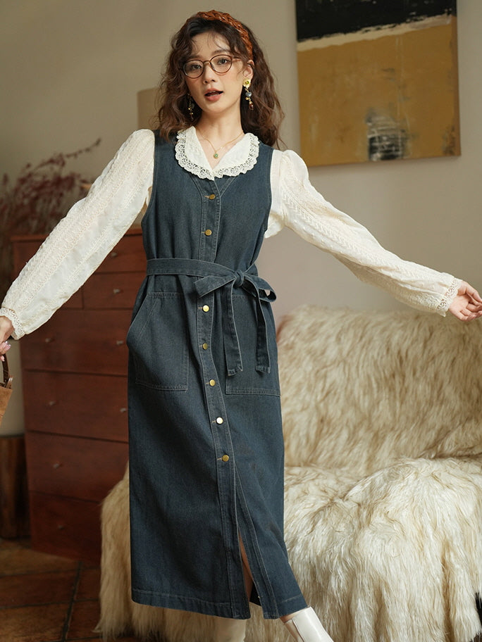 Vintage Denim Sleeveless Dress with Belted Waist