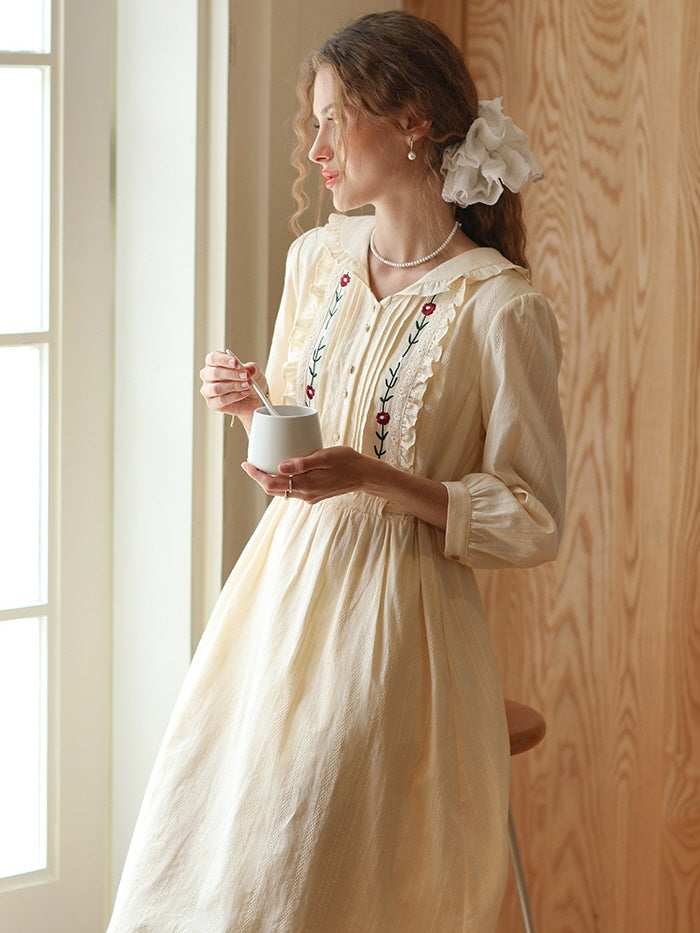 Floral Embroidery Ruffle Trim Cream Cotton Dress