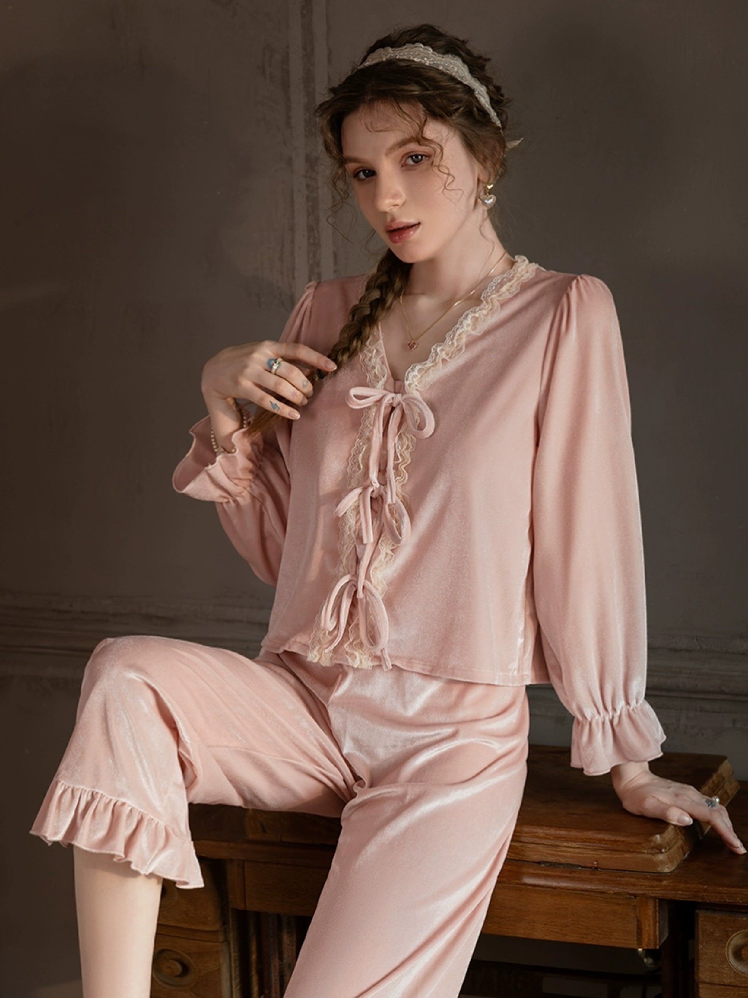 Blush Velvet Ribbon Pajama