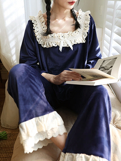 Midnight Velvet Lace-Trim Pajama Set