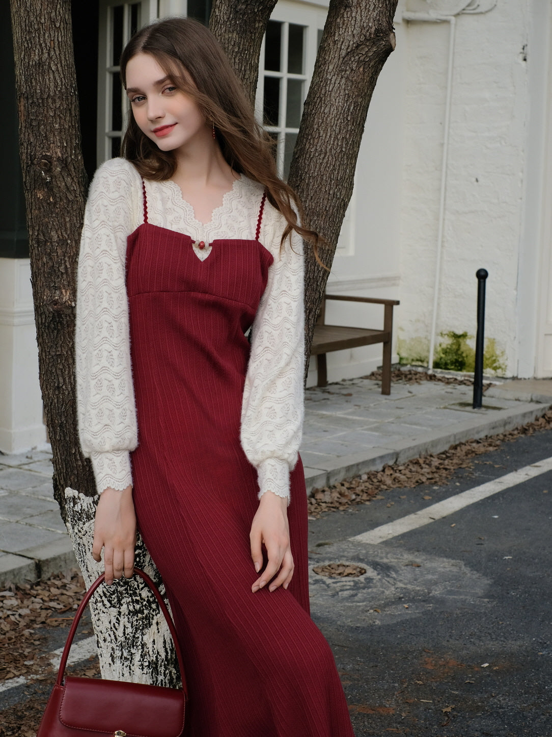 Romantic Lace Knit and Burgundy Dress