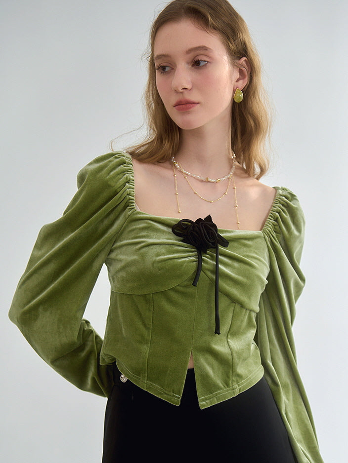 Vintage-Inspired Velvet Puff Sleeve Top