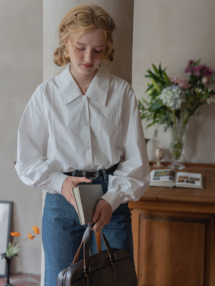 White Flower Embroidered Classic Blouse