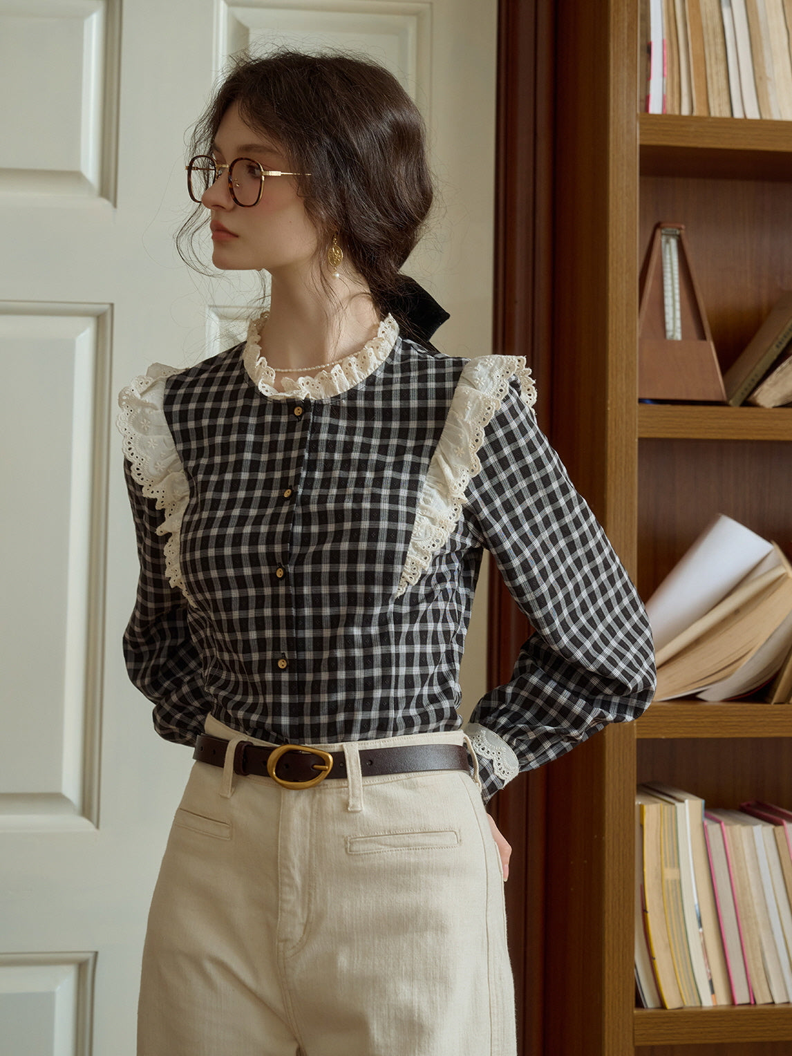 Gingham Blouse with Lace Trim