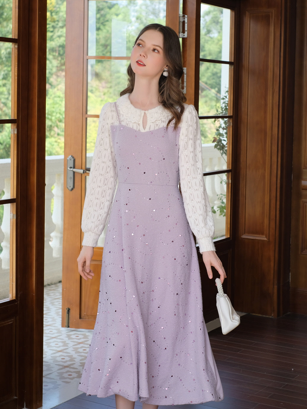 Lavender Sequin Knit Ruffle Collar Dress