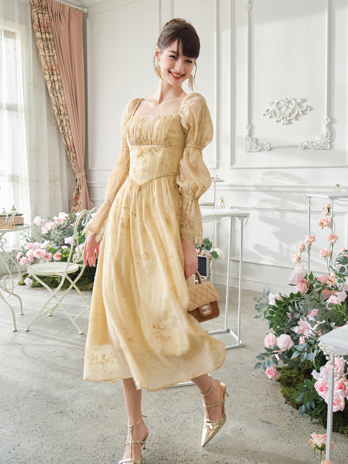 Golden Blooms Vintage-Inspired Dress