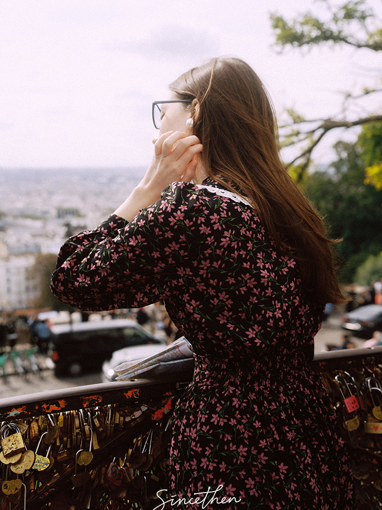 Vintage Floral Lace-Trim Long Dress