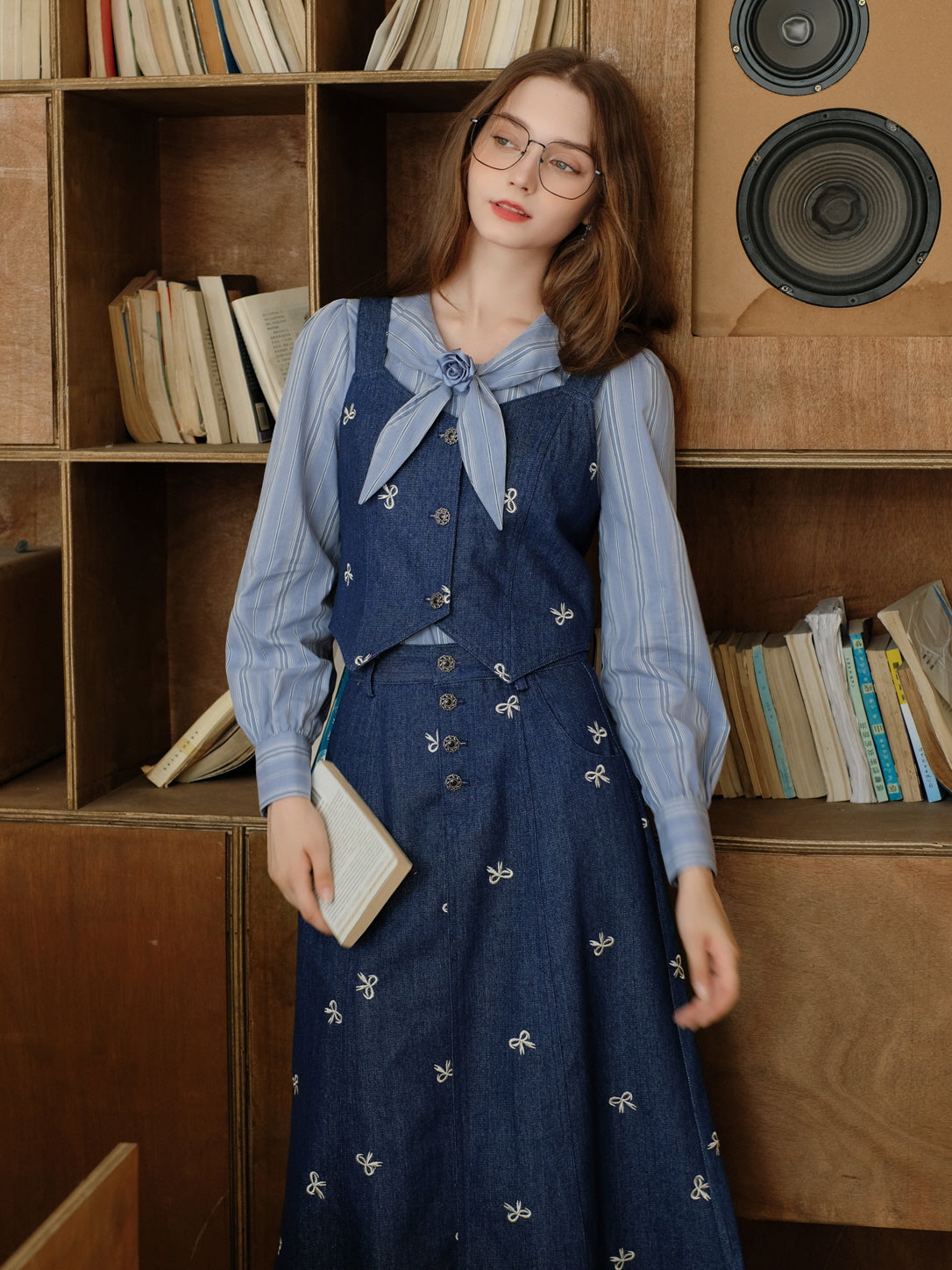 Vintage Blue Striped Blouse and Denim  Vest