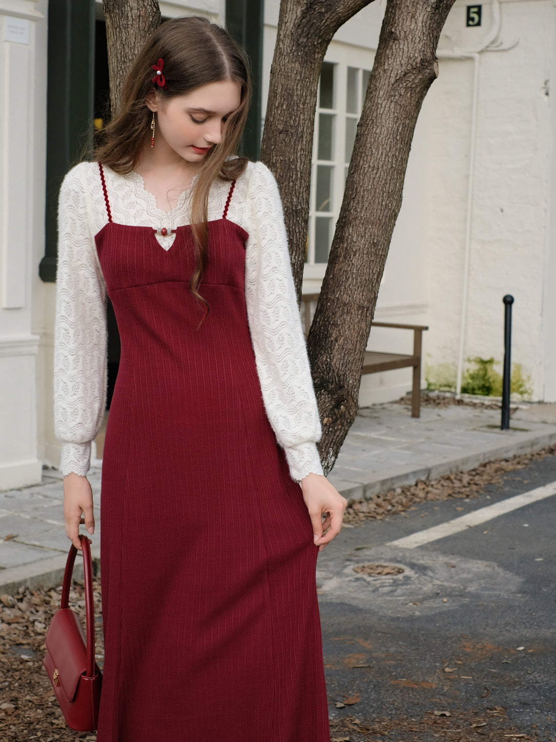 Romantic Lace Knit and Burgundy Dress