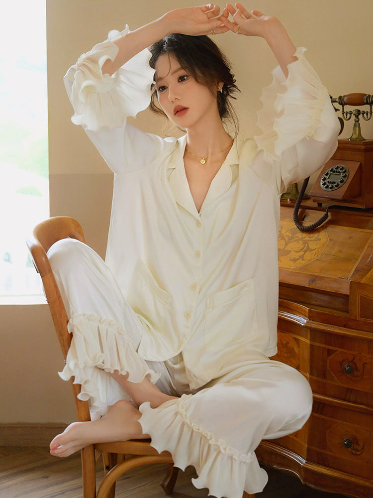 Elegant Ruffle Accent Pajama Set