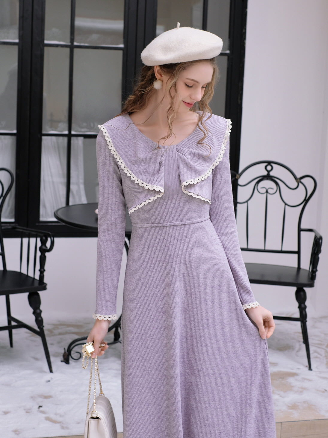 Lilac Bow-Knit Dress with Lace Trim Accents