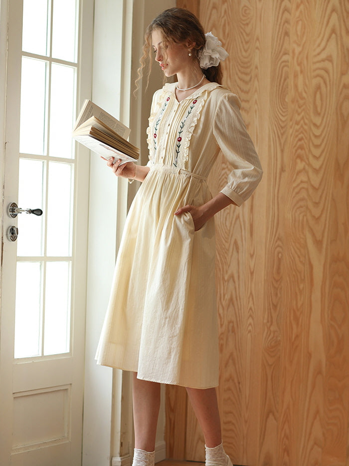 Floral Embroidery Ruffle Trim Cream Cotton Dress