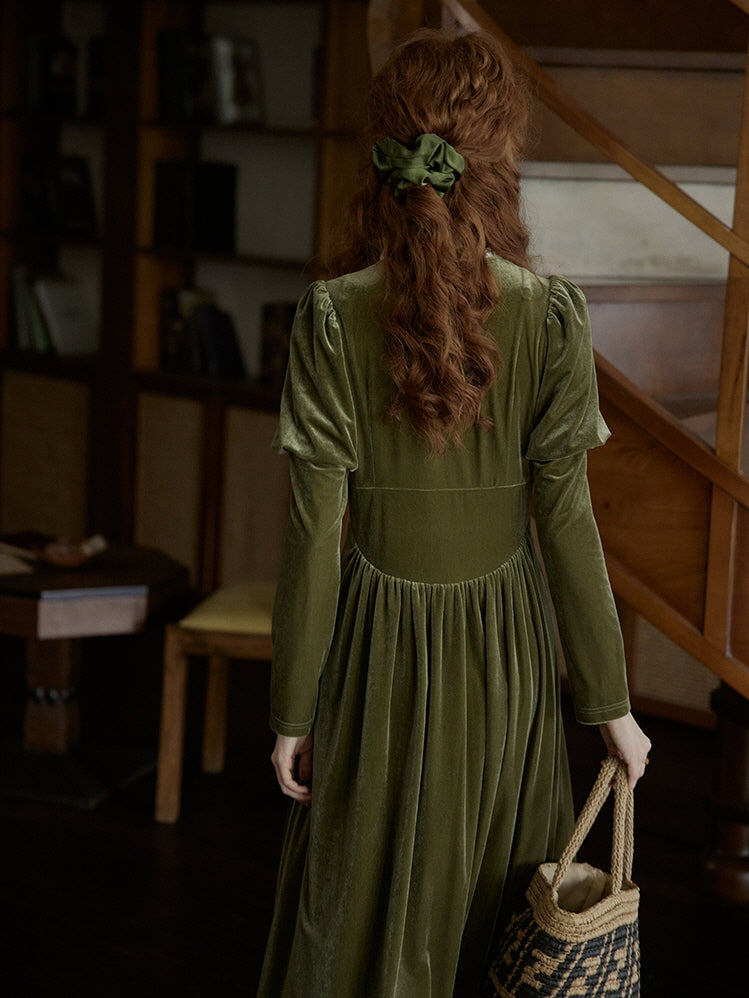 Olive Velvet Lace-Trimmed Vintage Dress