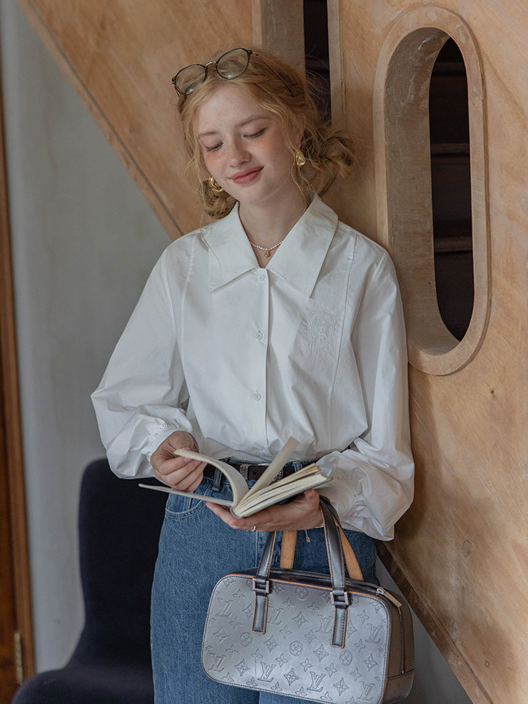 White Flower Embroidered Classic Blouse