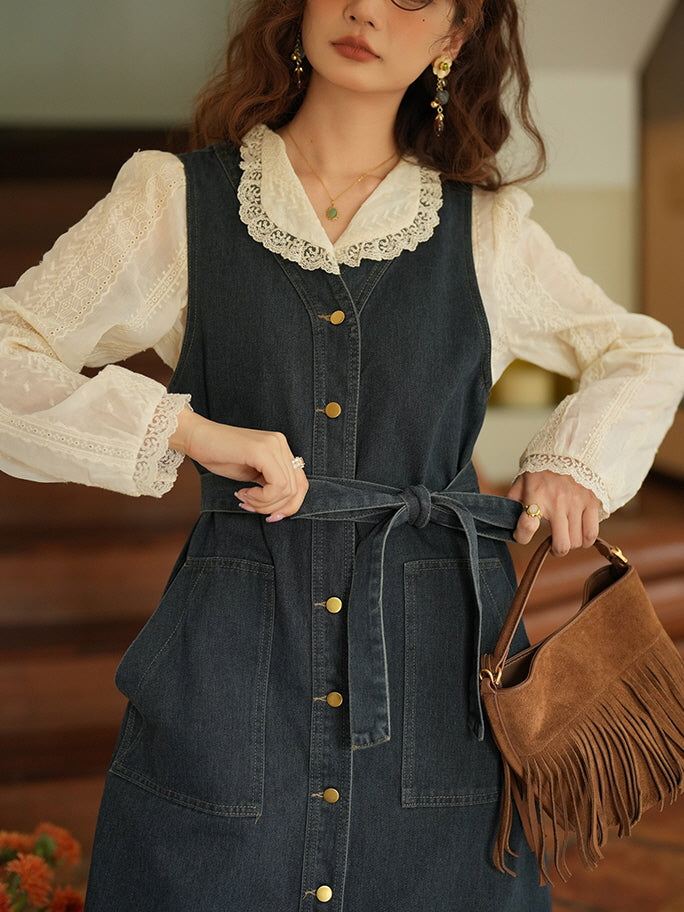 Vintage Denim Sleeveless Dress with Belted Waist