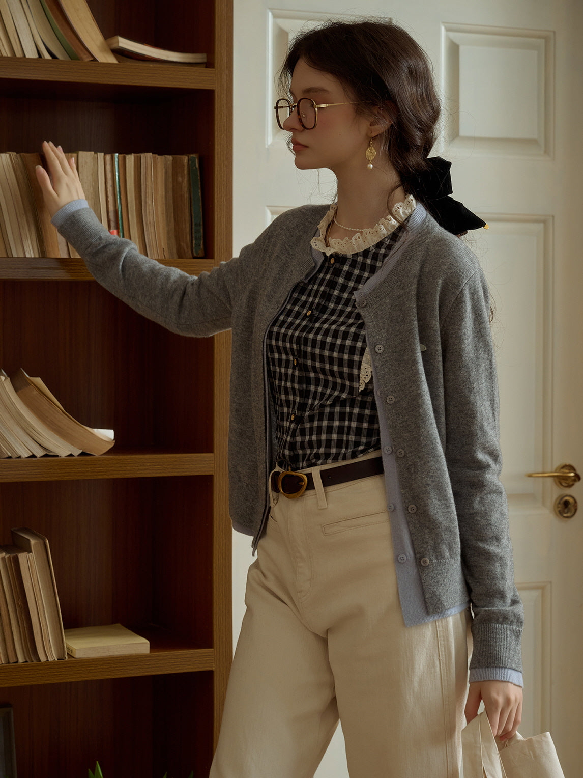 Gingham Blouse with Lace Trim