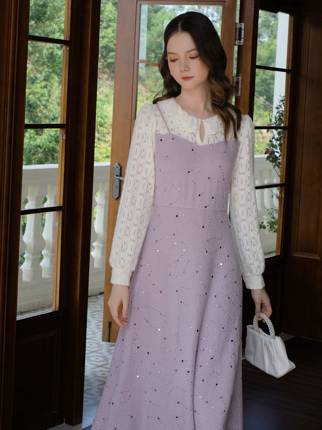 Lavender Sequin Knit Ruffle Collar Dress