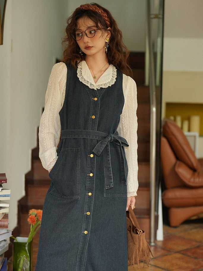 Vintage Denim Sleeveless Dress with Belted Waist