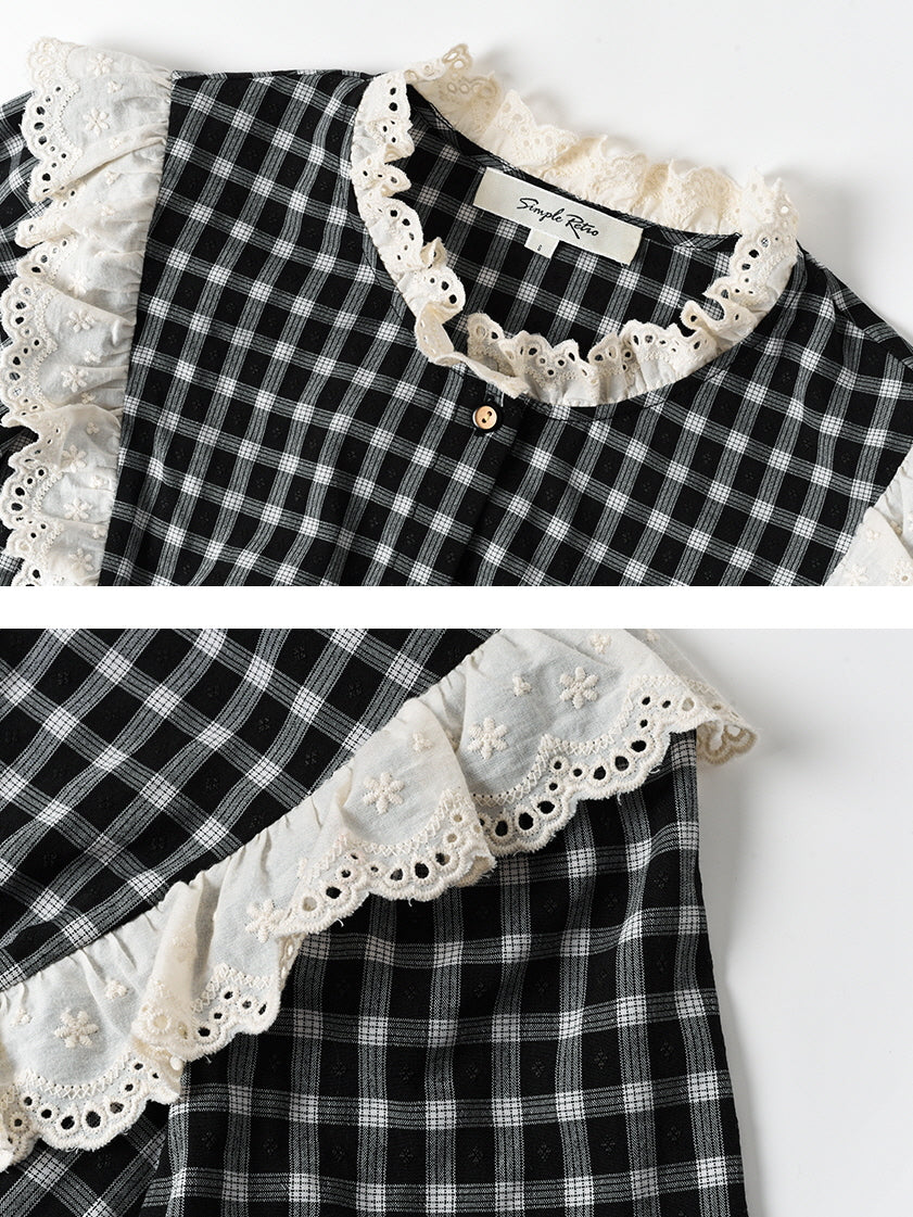 Gingham Blouse with Lace Trim