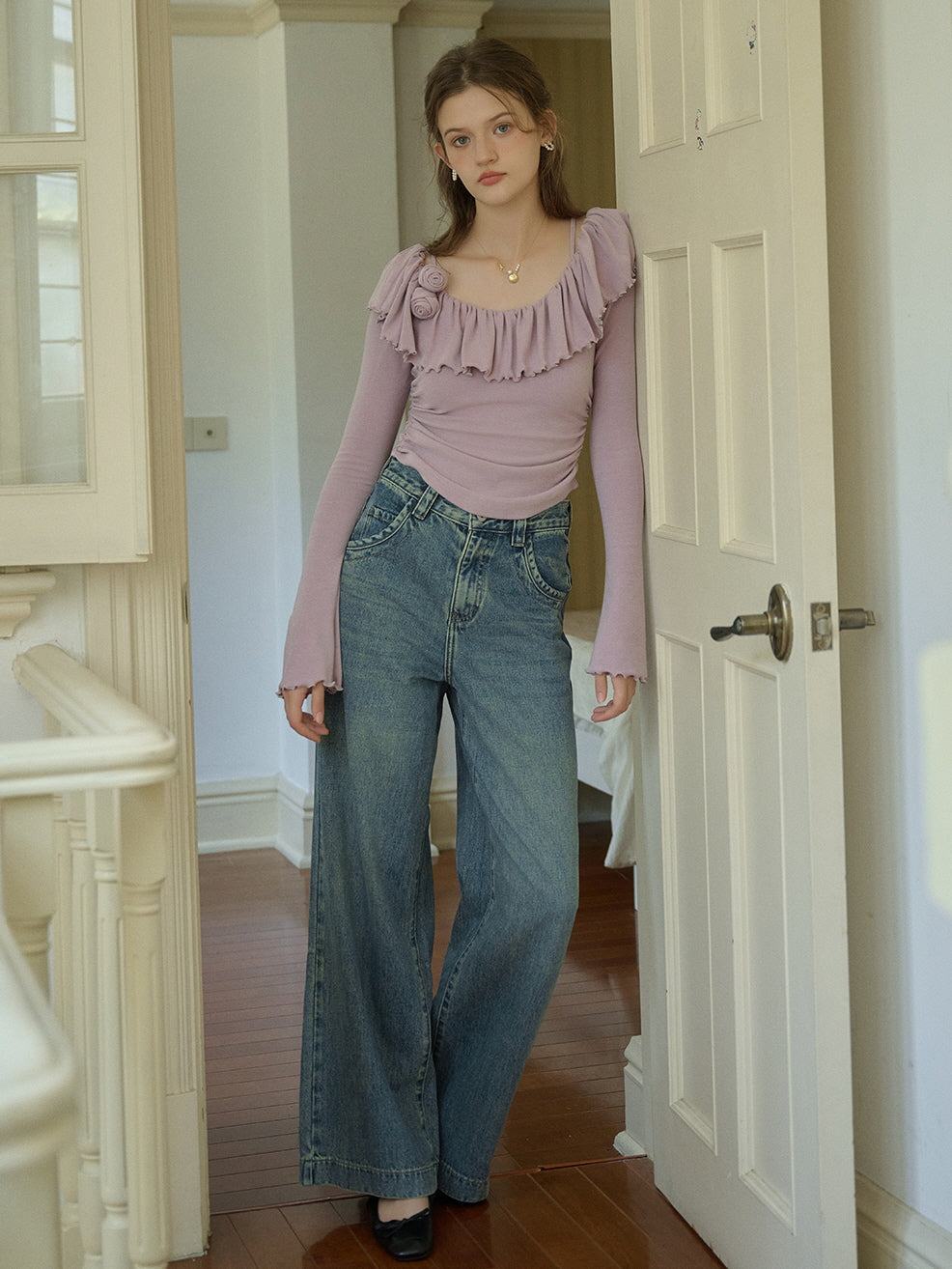 Whimsical Lilac Ruffled Knit Top