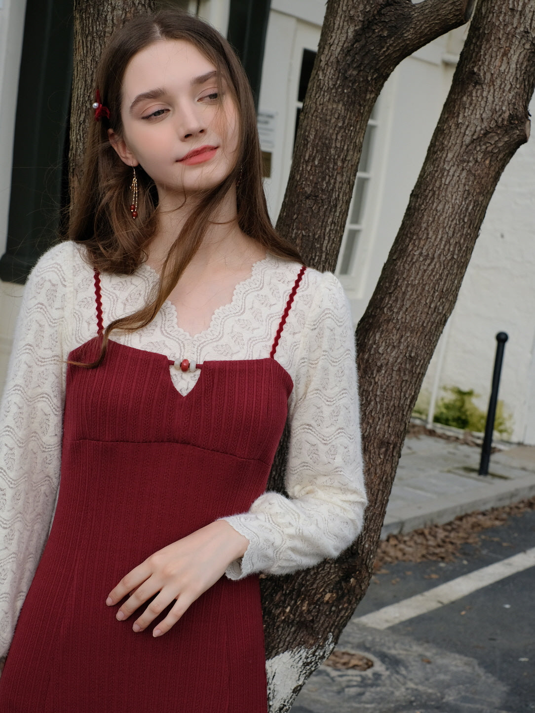 Romantic Lace Knit and Burgundy Dress