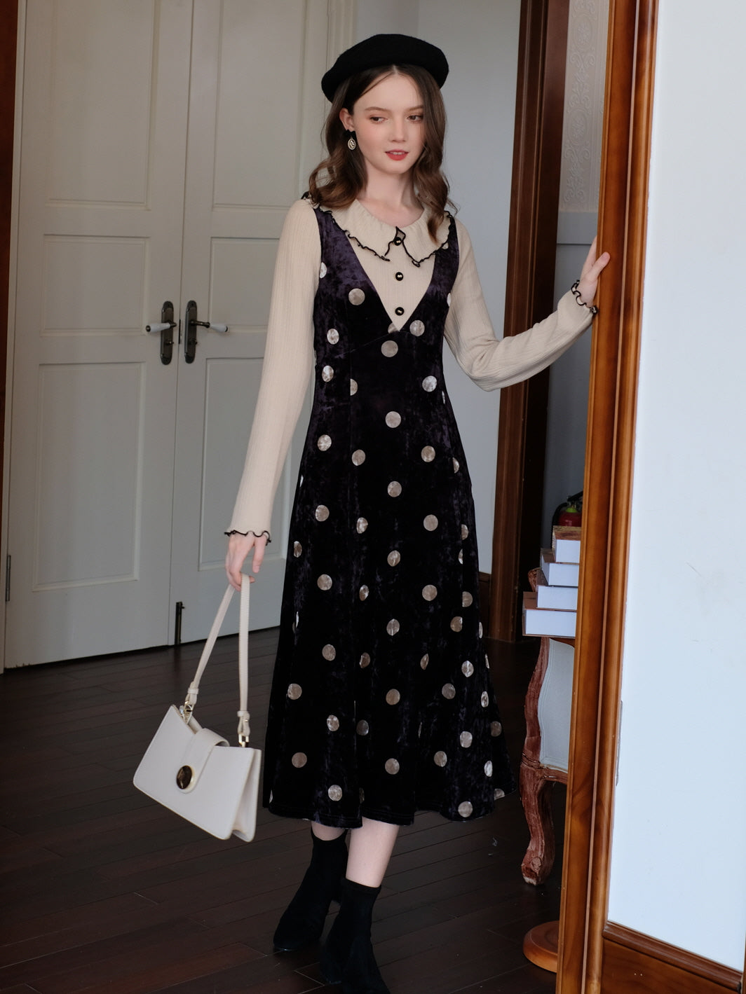 Velvet Polka Dot Layered Look Dress