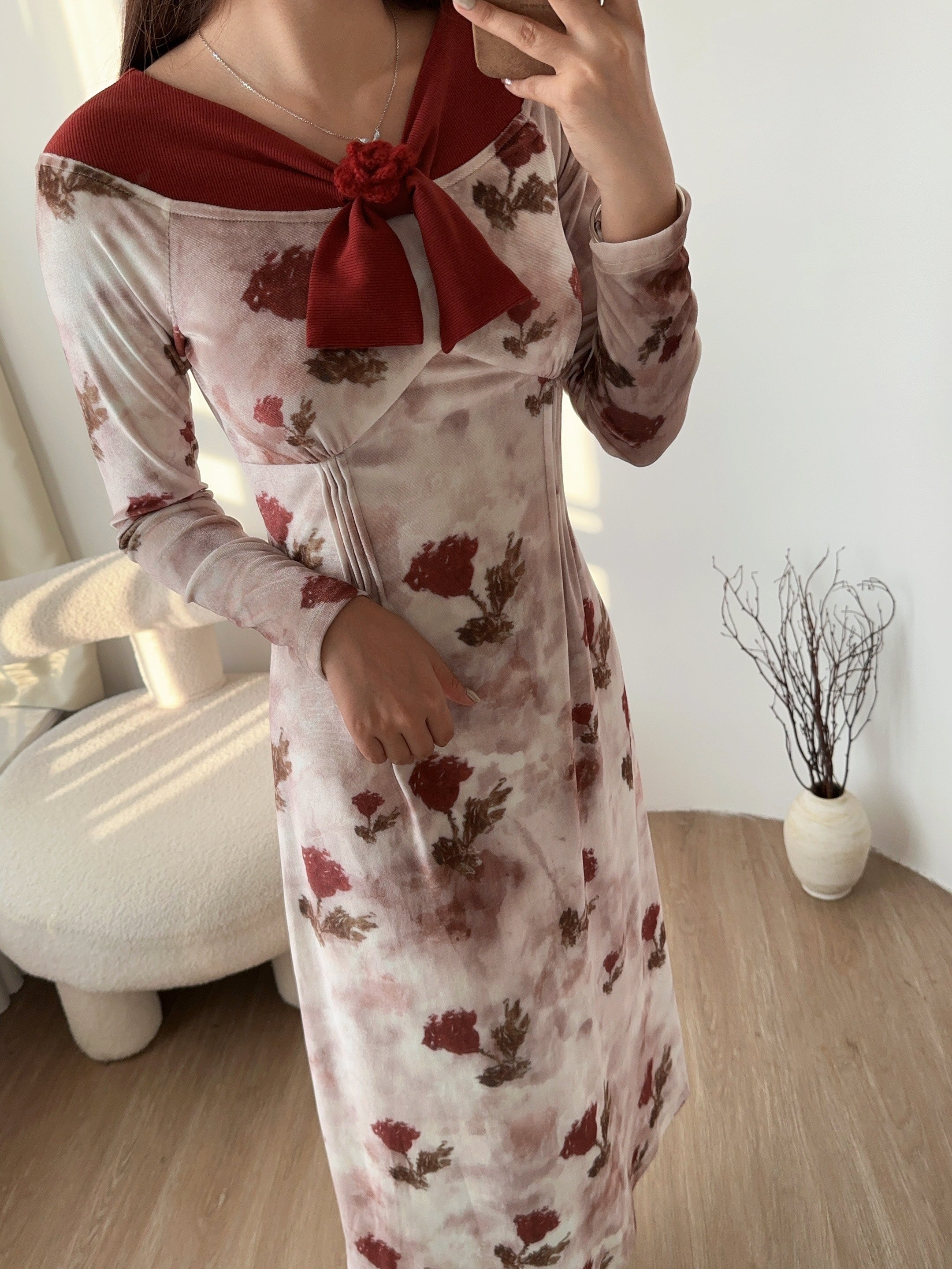 Romantic Floral Velvet Bow Dress