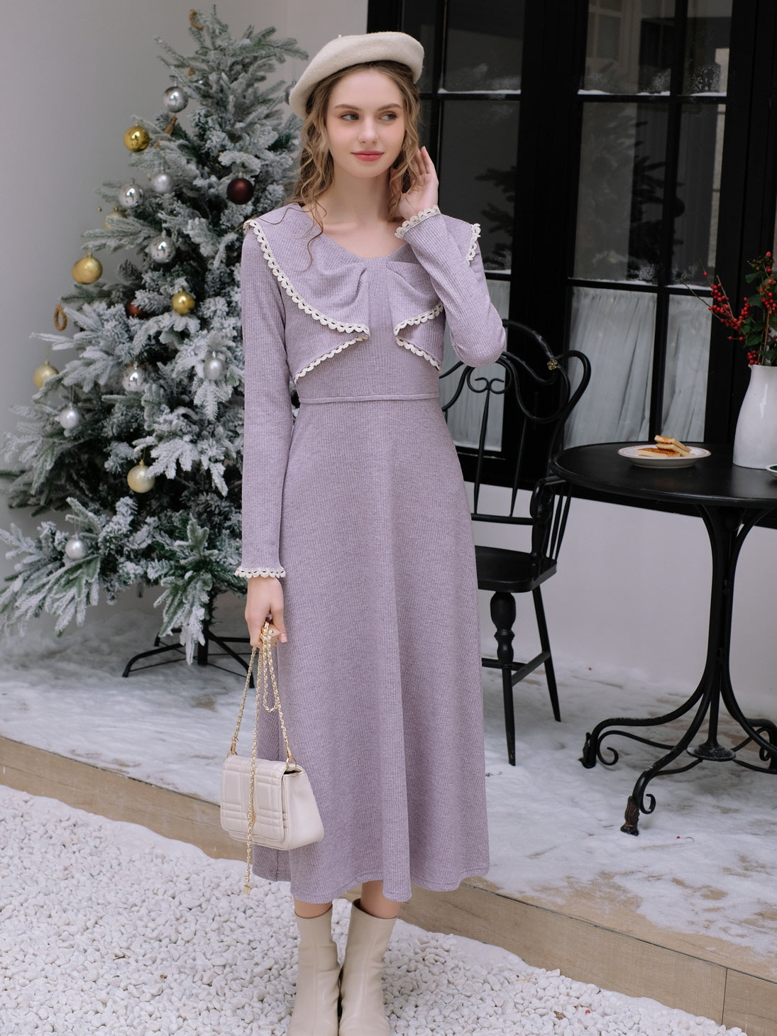 Lilac Bow-Knit Dress with Lace Trim Accents