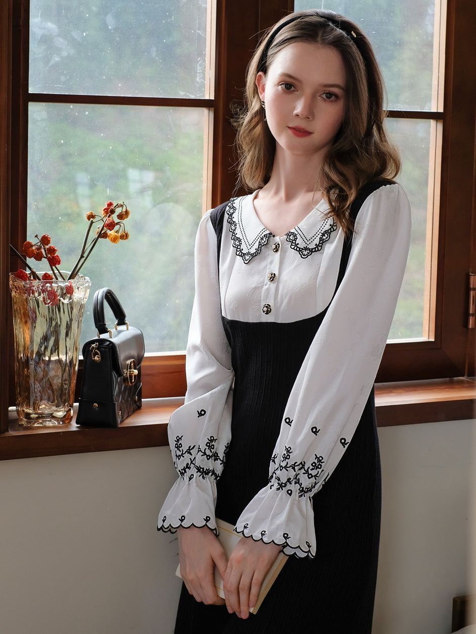 Elegant Embroidered Collar Knit Dress