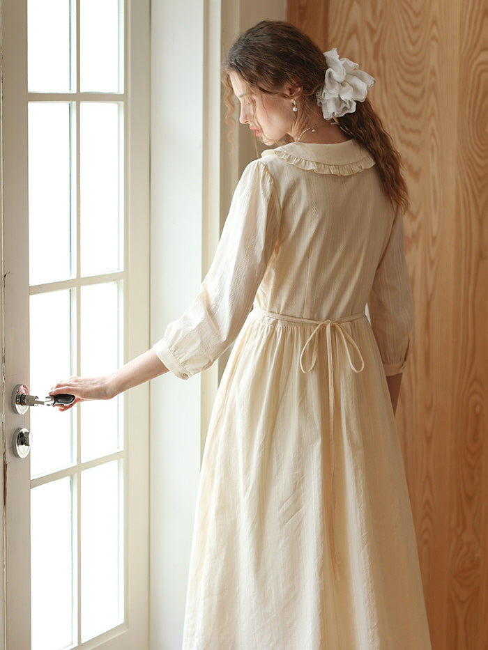 Floral Embroidery Ruffle Trim Cream Cotton Dress