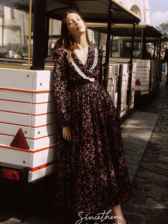 Vintage Floral Lace-Trim Long Dress